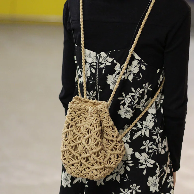 

Korean Version Of The Casual Hand-woven Bucket Bag Retro Mini Drawstring Backpack Cotton Beach Beach Female Backpack For Women