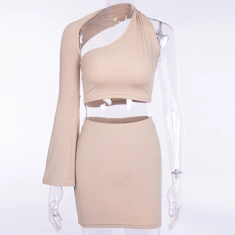  Hugcitar one-shoulder long flare sleeve crop tops skirts 2 pieces set 2018 autumn winter women fash