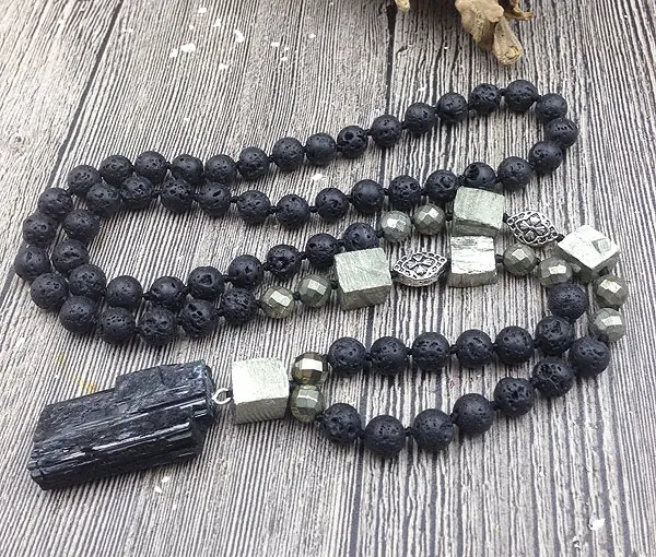 

YA3071 Natural Tourmaline Stone Pendant Pyrite Lava Stone Beads Knot Handmade Necklace