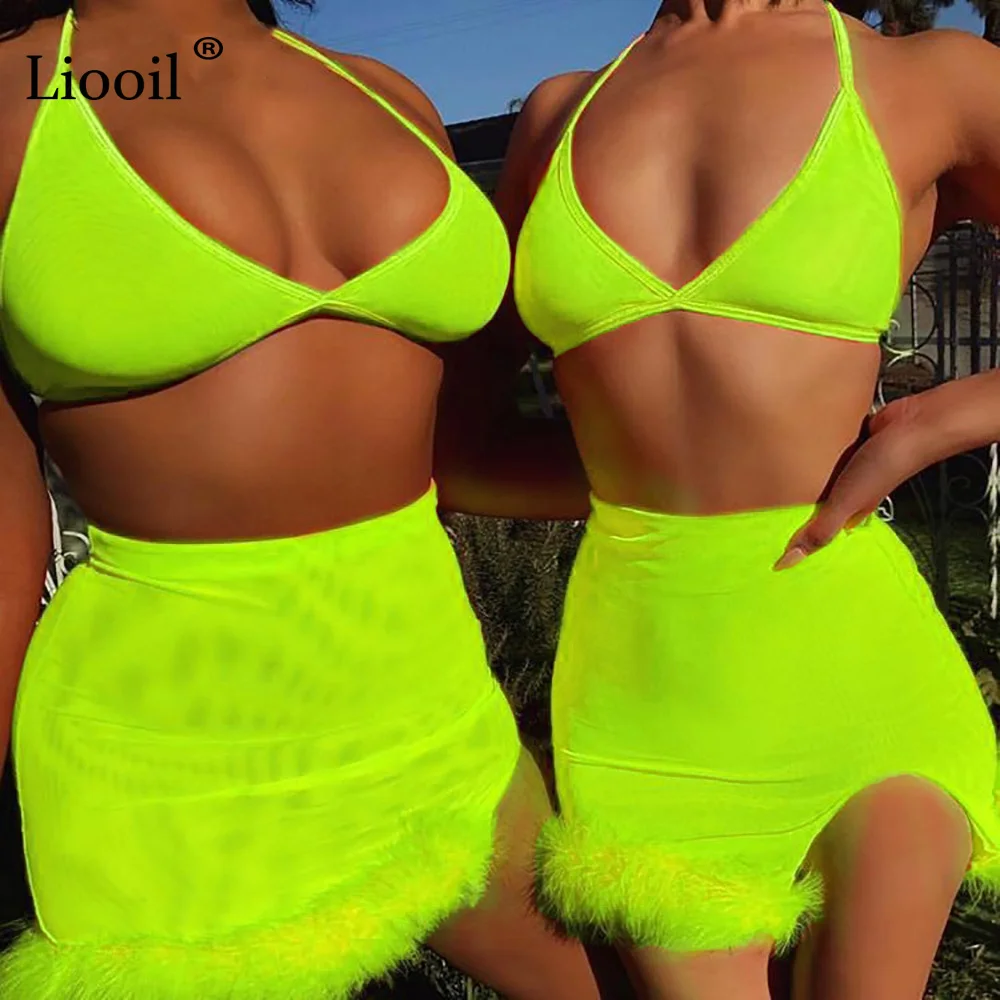

Liooil Neon Green Orange 2 Piece Backless Fluff Mini Dress Sexy Clubwear New Arrival 2019 V Neck Slit Dresses Woman Party Night
