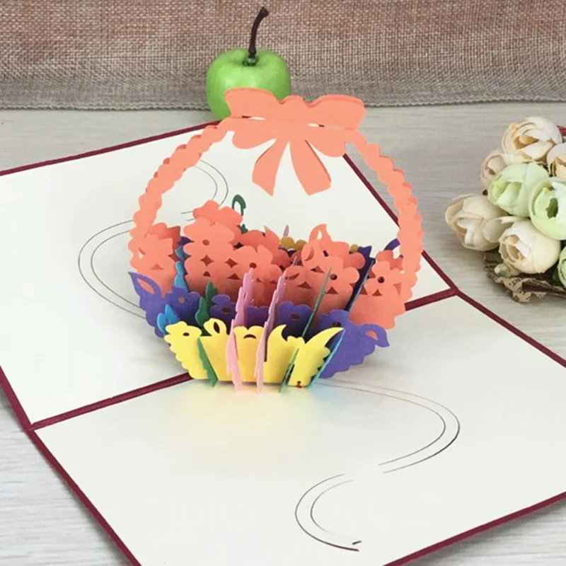 1pcs Flower Baskets Laser Cut Kirigami 3D Pop UP Greeting & Gift DIY Cards Handmade Creative Thanksgiving Day Birthday Gifts (4)