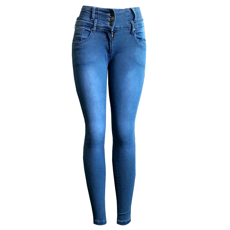 Ум ноги Для женщин тонкий женские Стрейчевые джинсы-скини Высокая талия три многорядная Пряжка Большой Размеры джинсовые брюки женские