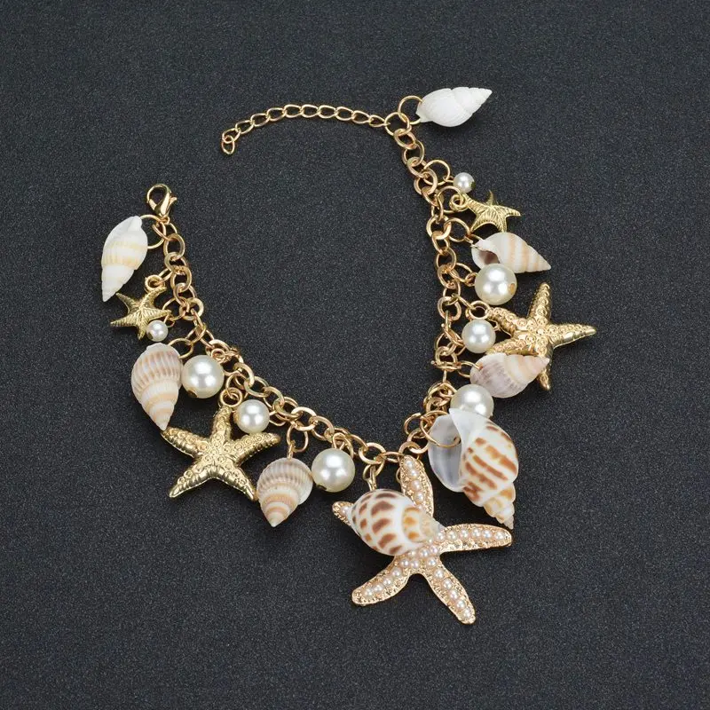 

XIAOJINGLING Handmade Boho Natural Seashell Starfish Beaded Pendant Charm Chain Bracelet Bangle For Women Strand Jewelry Gift