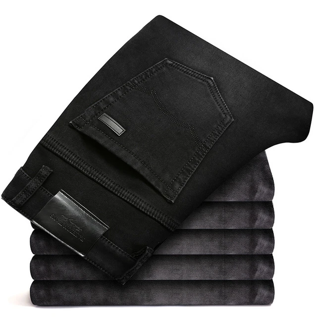 ICPANS флисовые теплые зимние джинсы, мужские эластичные Прямые классические черные джинсы для мужчин, обычная посадка размера плюс - Цвет: 206-2 black