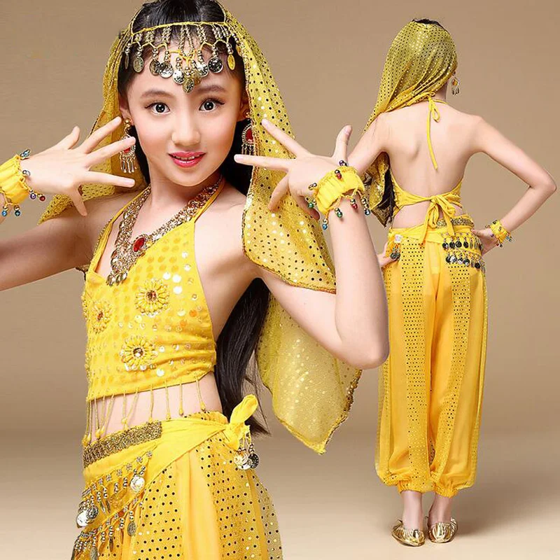 2017 Indian Sari Children Indian Dance 5-piece Costume Set (Top, Belt, Skirt and Head Pieces) Kids Bollywood Dance 4 colors  (5)