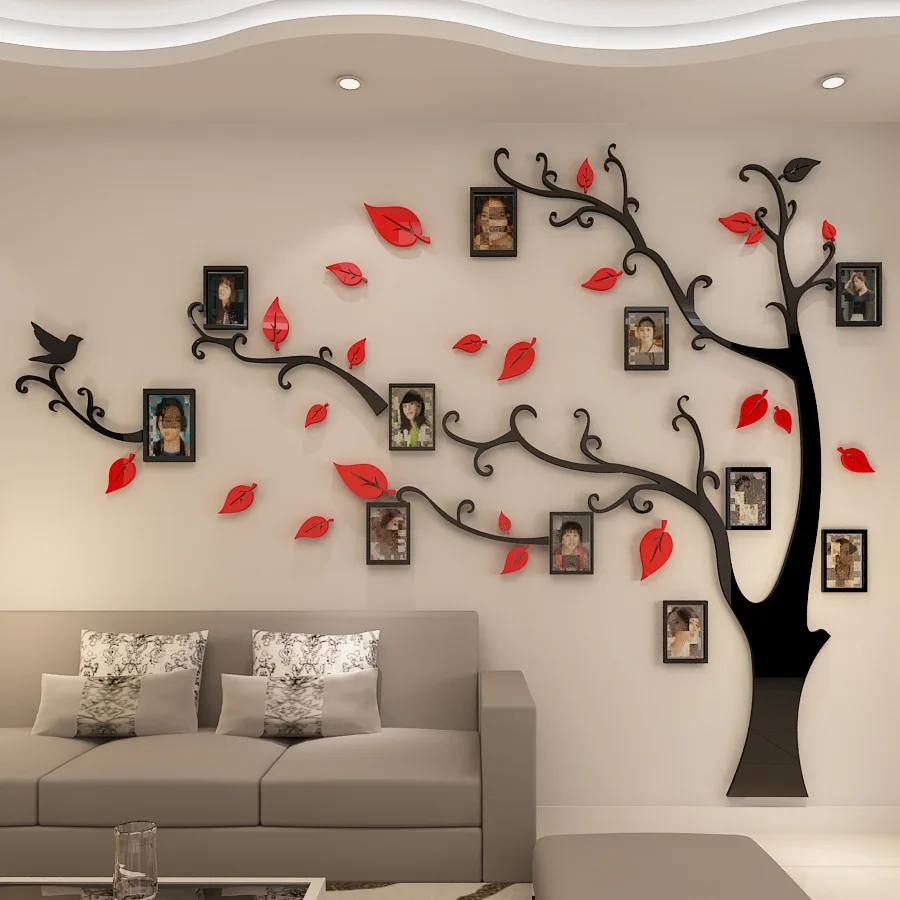 3D акриловая фоторамка с деревом, наклейки на стену, Кристальные зеркальные наклейки, наклейки на ТВ, фоновая стена, сделай сам, семейная фоторамка, Настенный декор - Цвет: Red Leaf  Right
