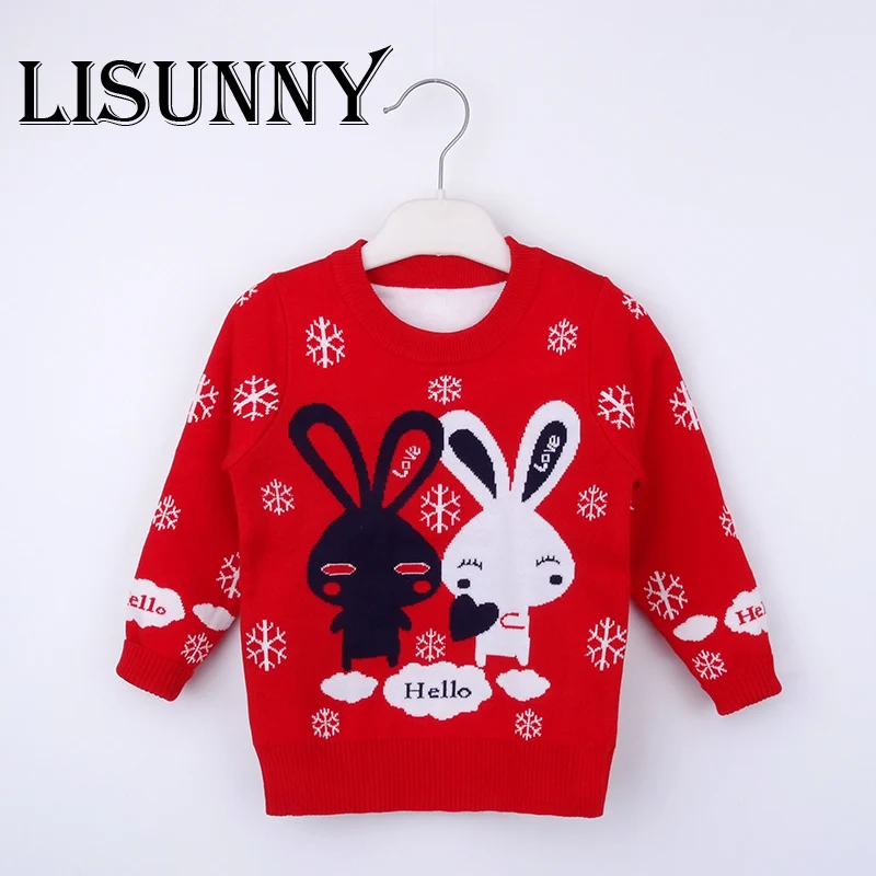 Новинка года; сезон весна-осень; Детские двойные свитера; толстый свитер с рисунком для девочек; корейский Свободный детский пуловер с маленьким кроликом