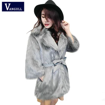 

Women Fluffy Long Fur Coats Jackets With Belt Elegant Winter Sashes Faux Fur Outerwear Female Soft Hairy Overcoat VANGULL 2018