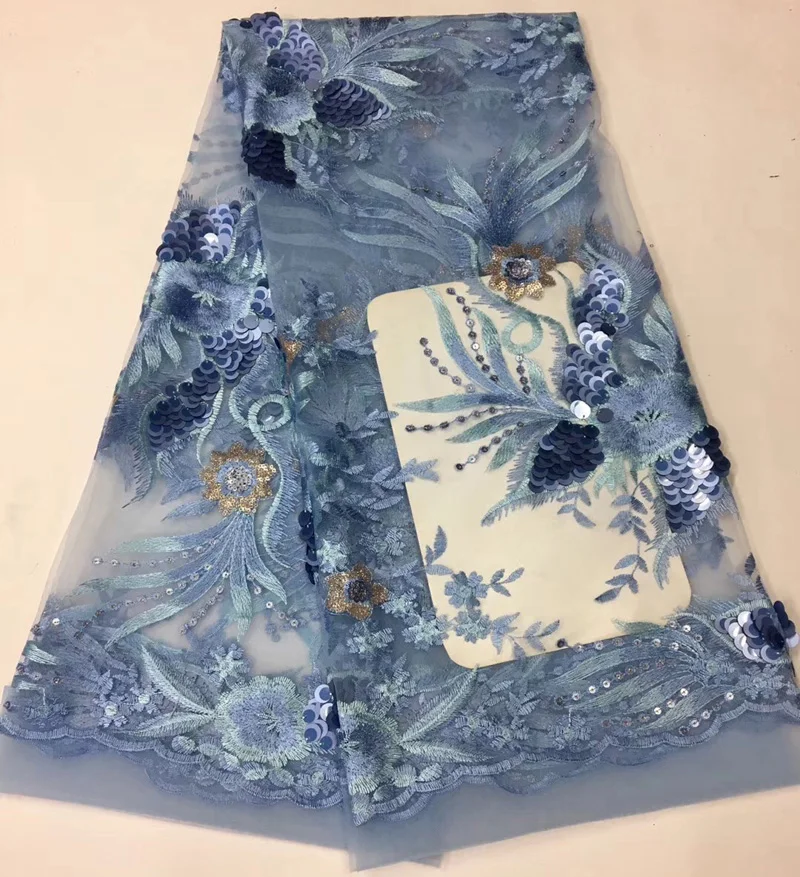 

(5yards/pc) latest African net lace skyblue French lace fabric with wonderful embroidery and sequins for charming dress FLT01
