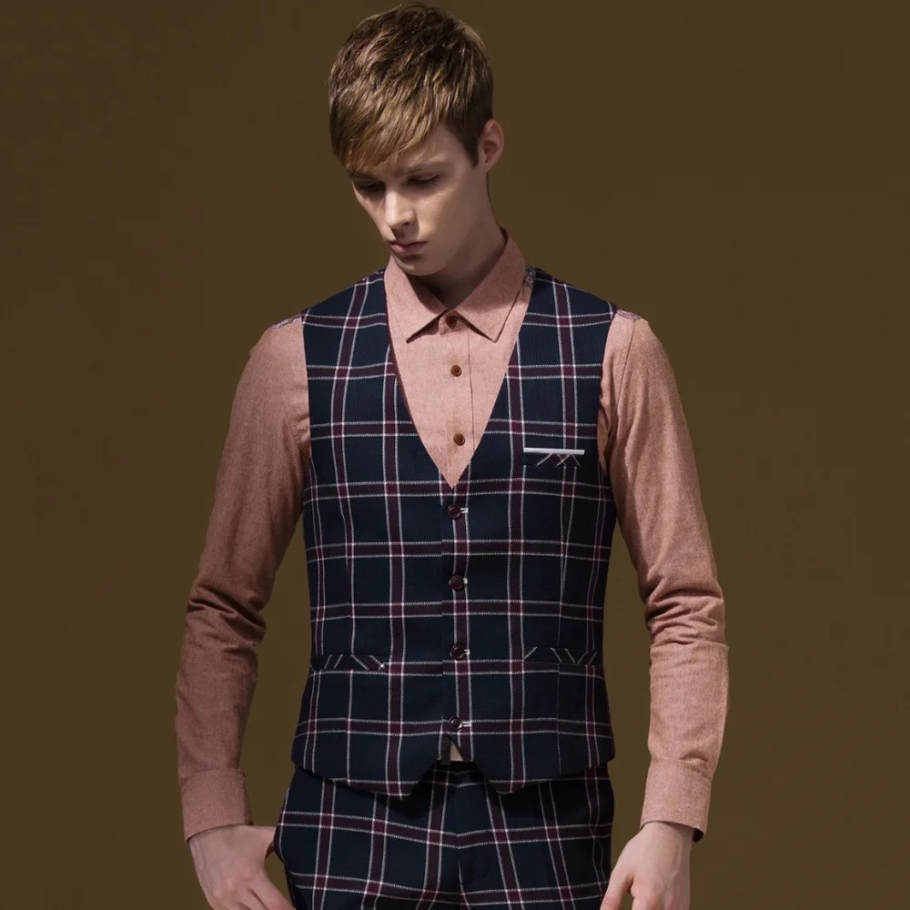 Men Formal Suits Vests Retro Big Plaid Super Slim Fashion V Neck Autumn