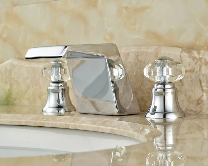 Unique Design Waterfall Basin Sink Mixer Taps Deck Mount Crystal Handles Bathroom Faucet Chrome Brass