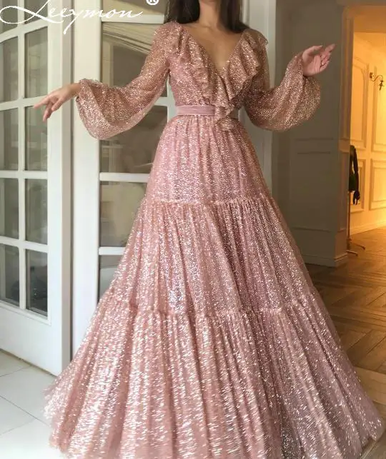 Leeymon Rose Gold เซ็กซี่ Glitter Deep V Neck Ruffles ชุดราตรี Elegant ชุดยาวแขนพัฟ|ชุดงานพรอม| - AliExpress