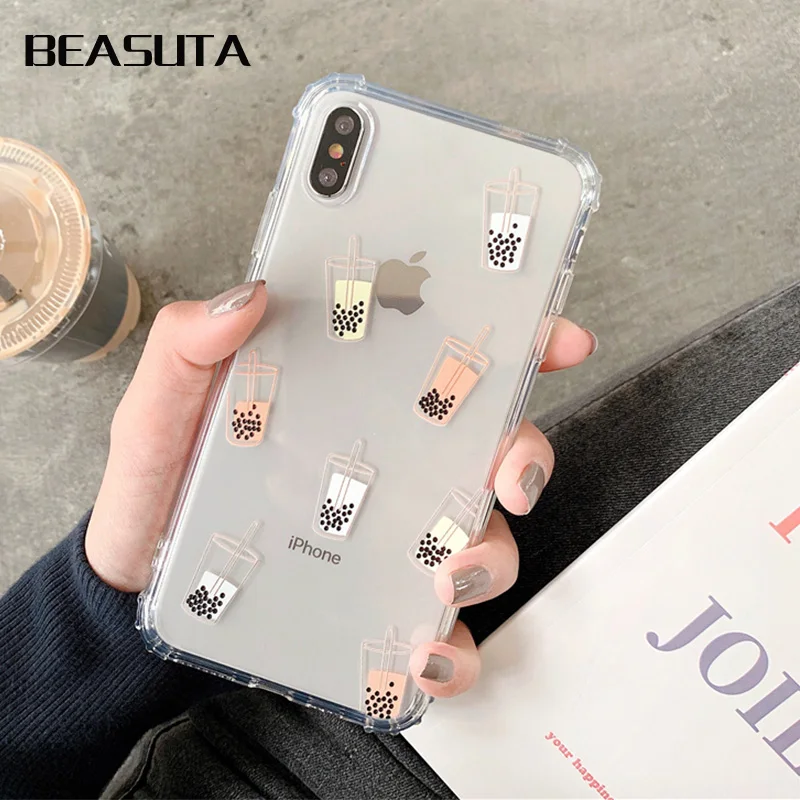 

Bubble tea shockproof phone Case for iphone X XR XS XS Max Silicone Gel case for iphone 6 6s 7 8 plus Corner anti-fall cover
