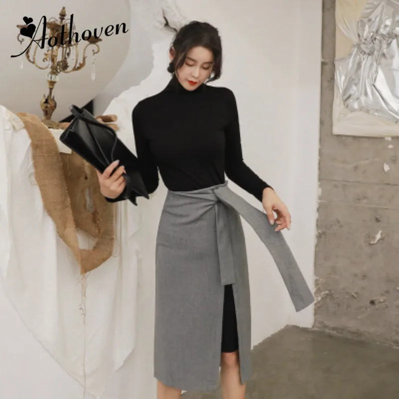 

2 Piece Set 2020 Women Suit Autumn Black Turtleneck Full Sleeve Dress and Gray Sashes Skirt Set Work Two Piece Set Vestidos