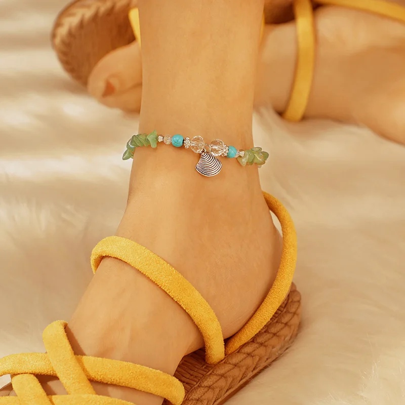

Tocona Beach Boho Green Stone Rhinestone Shell Conch Beads Pendant Anklet Women Handmade Adjustable Bracelet Foot Jewelry 7047