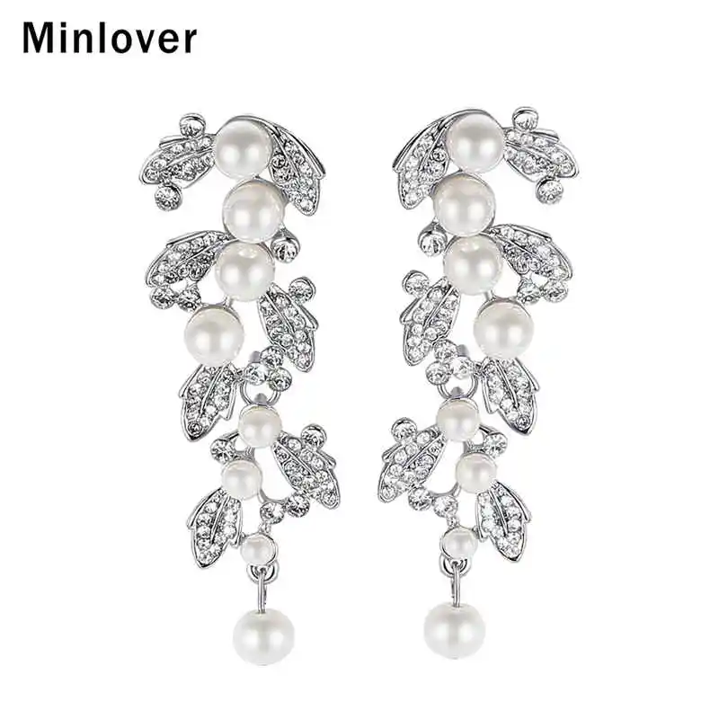

Minlover Leaf Shape Simulated Pearl Bridal Long Drop Earrings for Women Rhinestone Wedding Hanging Earrings Party Jewelry EH604
