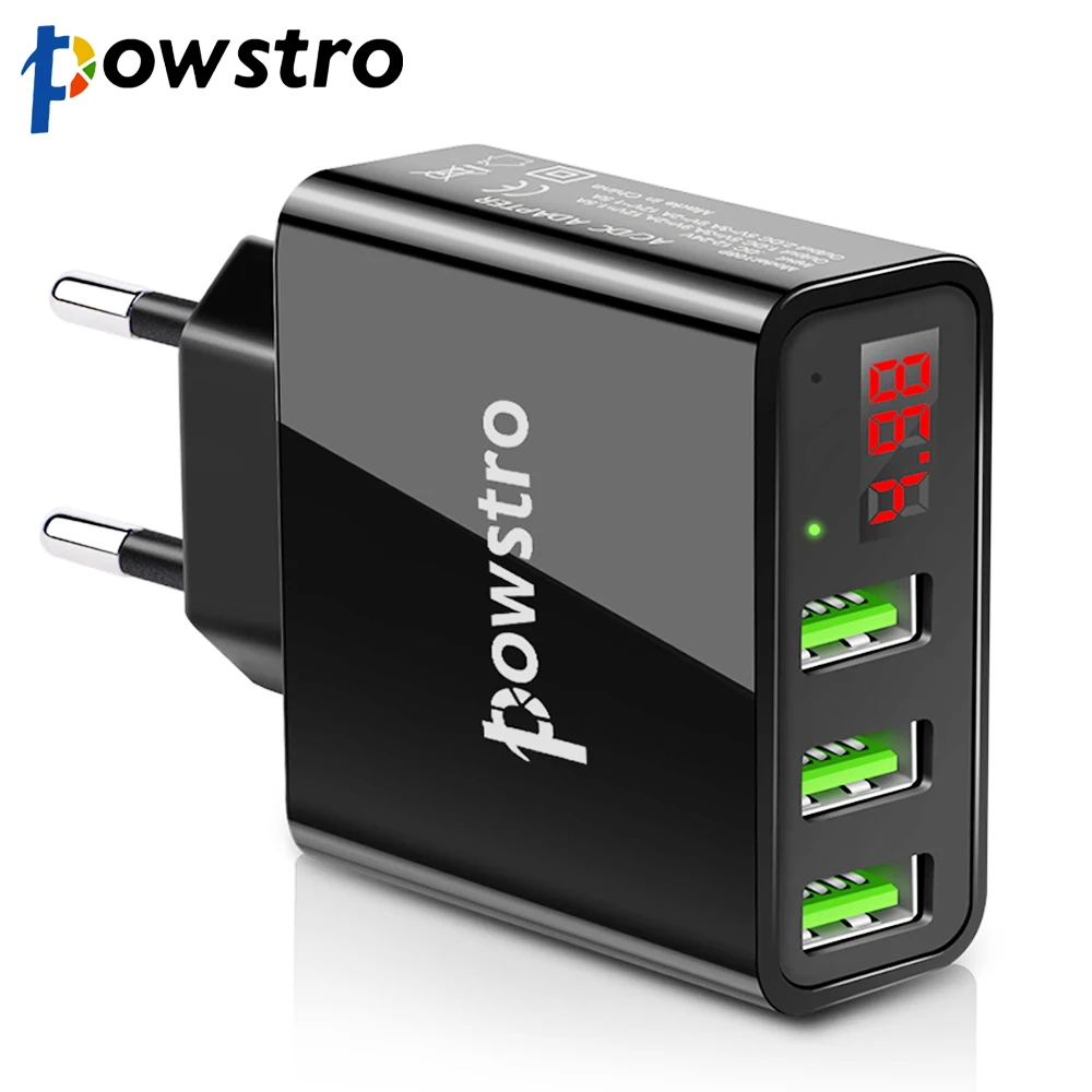 Настенное зарядное устройство Powstro 5 В 3 А, 3 USB, зарядное устройство для мобильного телефона, адаптер, дисплей, зарядное напряжение, ток для телефона, планшета для samsung