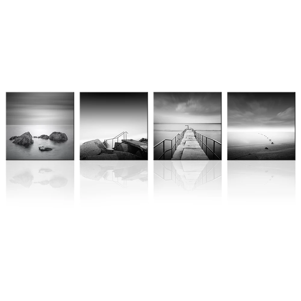 Black and White Beach Wall Art,Ocean Seascape Painting,Canvas Prints