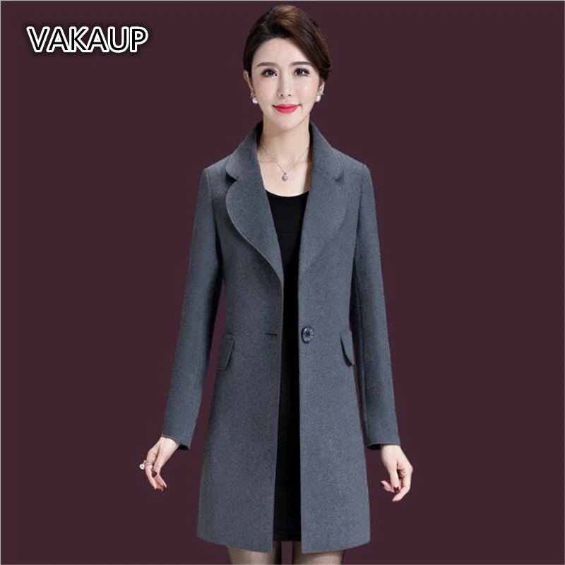 Koop Wol Blends Coat Lady Versie Grote Sized Vrouwen Ingericht Slim Lange Mouwen Medium Lengte Wollen Jas Effen Kleur Vrouwen jurk