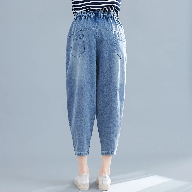 

Summer Autumn Mom Jeans Women Vintage Loose Harem Pants Casual High Elastic Waist Washed Denim Trousers