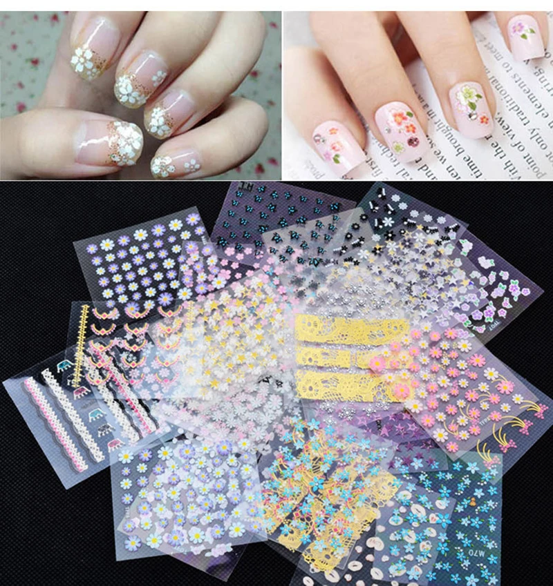 

50 Sheets Different 3D Nail Decals Nail Art Stickers Kids Girls Fingernail Decoration Flower Pattern Set Mixed Manicure Pedicure