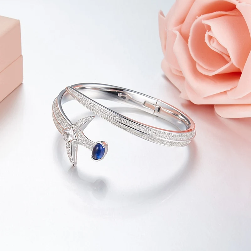 

Hot Zircon 925 Sterling Silver Sword MULAN Cuff AP* Bangle With Blue Zircon Cuff Good Sword Women Wedding Bridal Jewelry