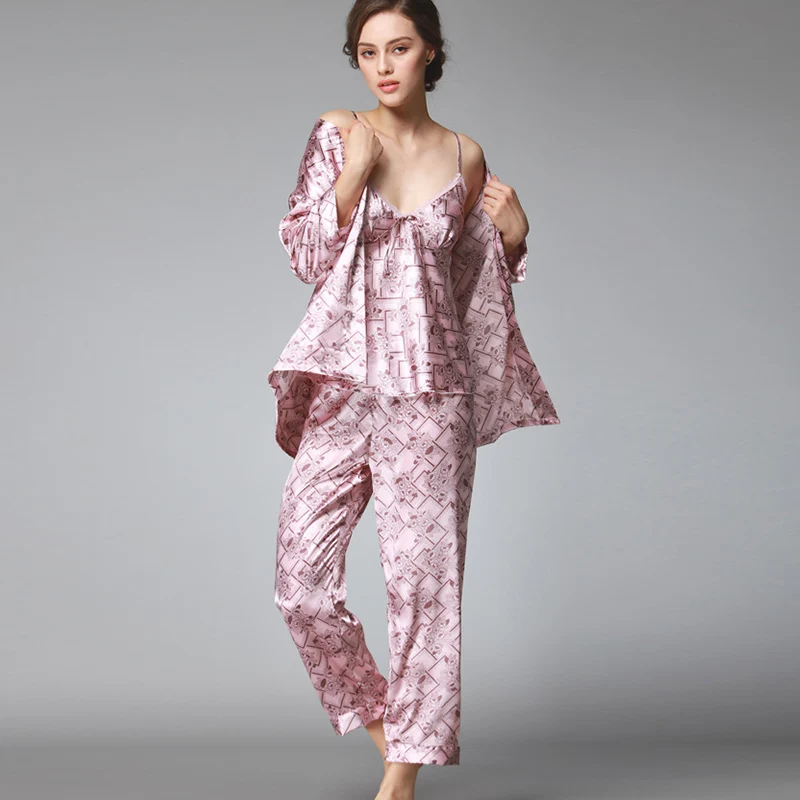 

3 Piece Pajama Pants Pajama Sets 2018 New Fashion Ladies Sleep Lounge Dragon Print Pajama Set