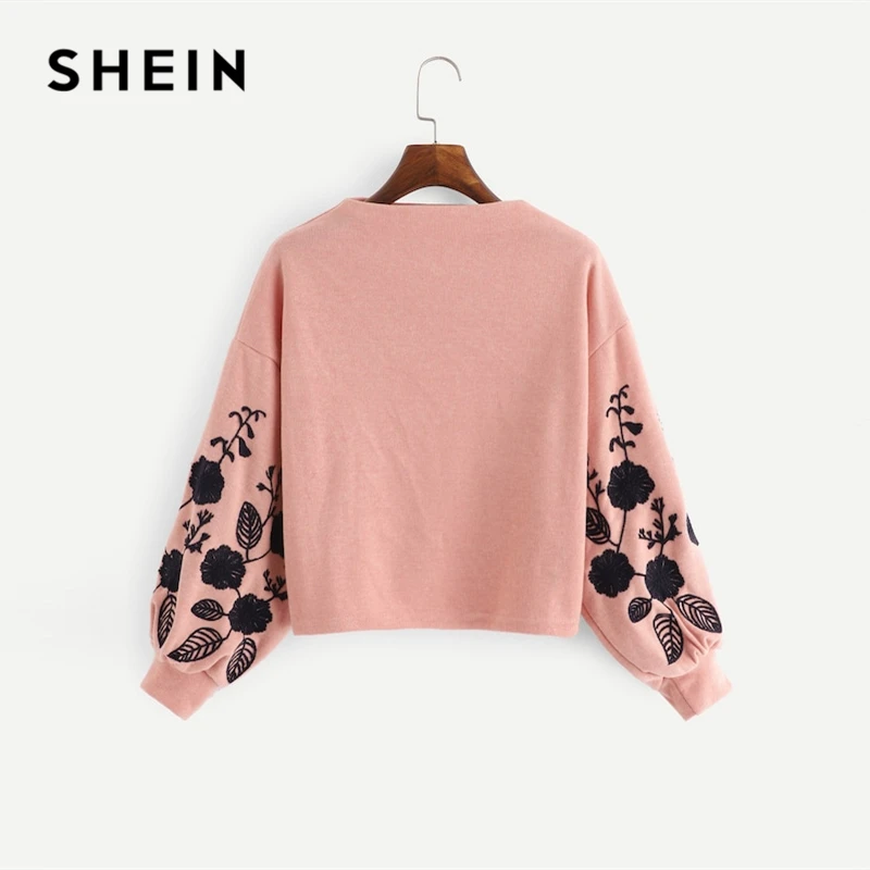 SHEIN الزنجبيل Preppy أنيقة الأزهار المطرزة الطربوش الرقبة أسقف كم البلوز 2018 الخريف عارضة النساء البلوفرات بلوزات