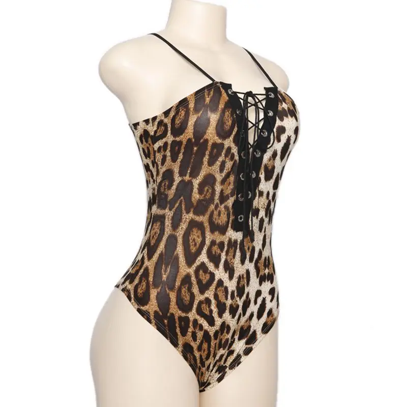 SEXMKL Leopard Bodysuit for Women 2019 Sexy Bodycon Skinny Body Suit V Neck Sleeveless Lace Up Playsuit Printed Romper Jumpsuits