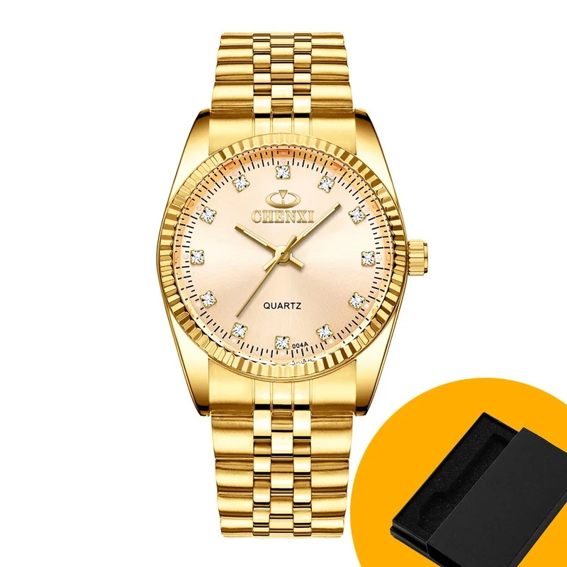 CHENXI мужские золотые часы, мужские кварцевые часы из нержавеющей стали, золотые мужские наручные часы для мужчин, лучший бренд, Роскошные Кварцевые часы, часы в подарок - Цвет: Men Golden in Box