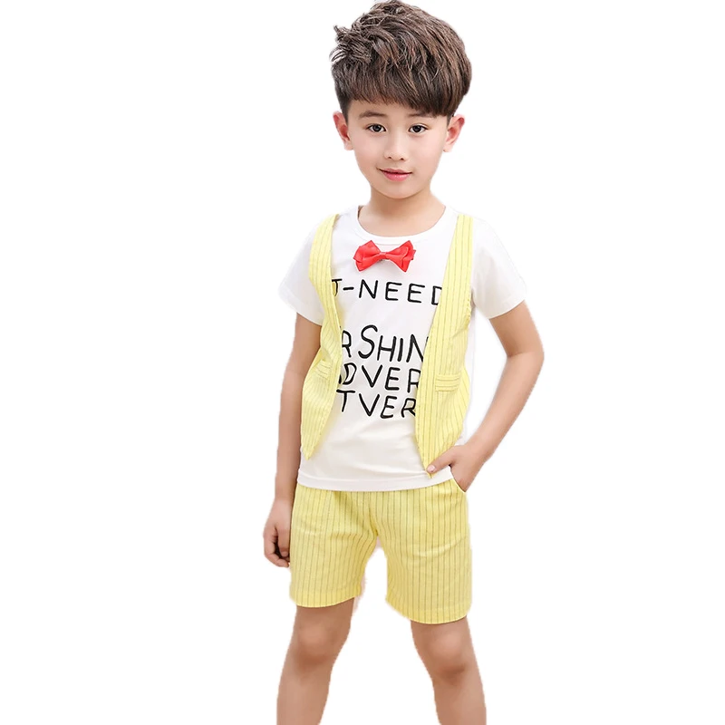 

2017 Summer boys clothes sets kids clothes letter printed short sleeve fake two pieces t shirt+striped shorts children tracksuit