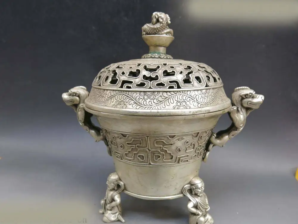 

9" China silver buddhism fine Foo Dogs Lion dragon buddha censer incense burner (D0426)