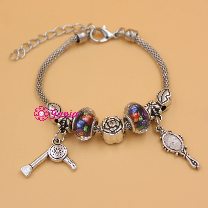 Fashionable Jewelry European Bead Bracelet Lips Rose Hair Stylist Mirror Dryer Charm Bracelets for Women | Украшения и аксессуары