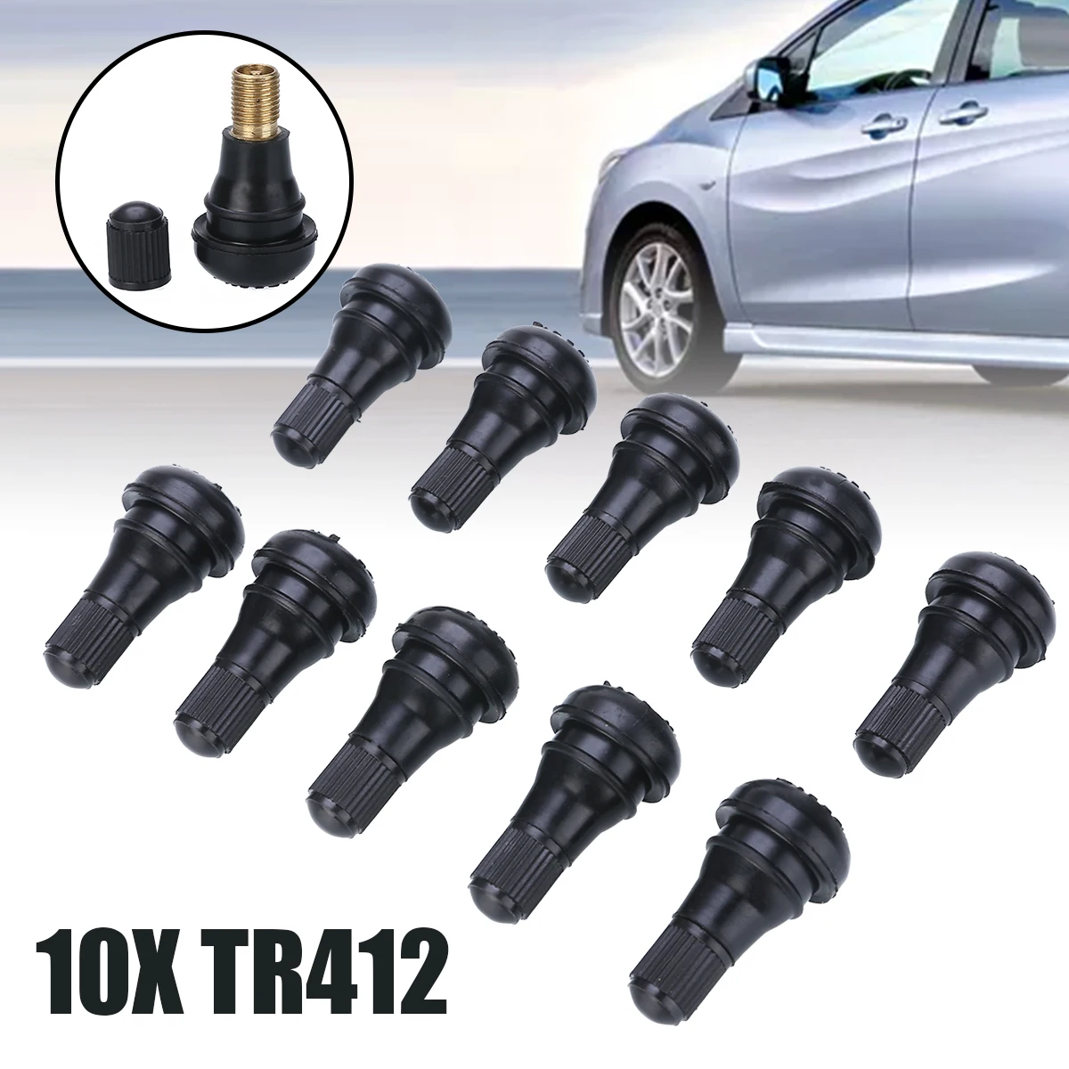 For Moped Motorcycle Car Quad 10pcs/set Auto TR412 Tire Valve Stems Short Black Rubber Tyre Tubeless Snap-in Vavle Mayitr