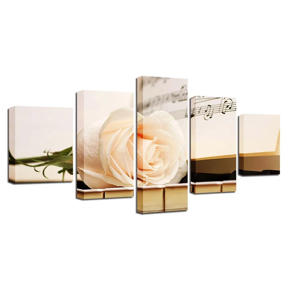 Canvas-Painting-Wall-Art-Home-Decor-Frame-5-Pieces-Piano-Score-White-Rose-Flower-For-Living (3)