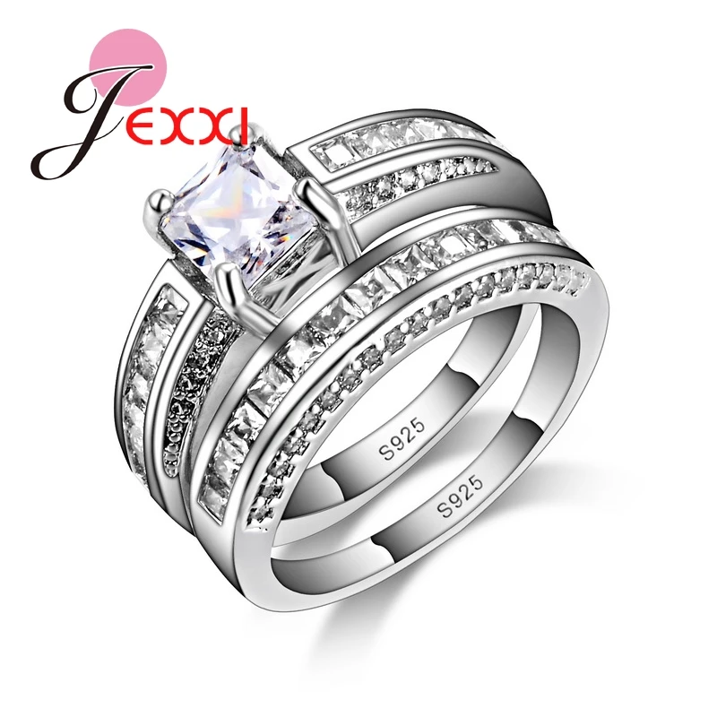 

JEXXI S90 Silver Double Rings Finger Round With Cubic Zircon For Women Ring Wedding Party Birthday Elegant Fashion