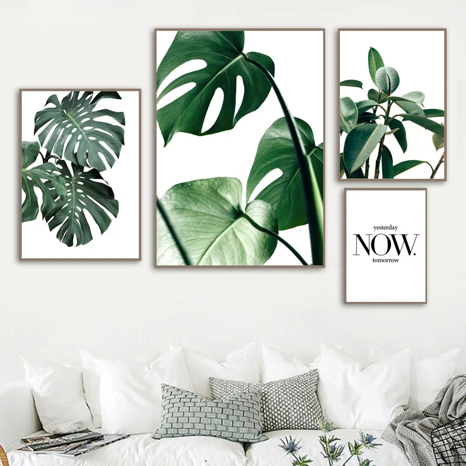 

Monstera Green Big Leaves Quotes Wall Art Canvas Painting Nordic Posters And Prints Wall Pictures For Living Room Bedroom Decor