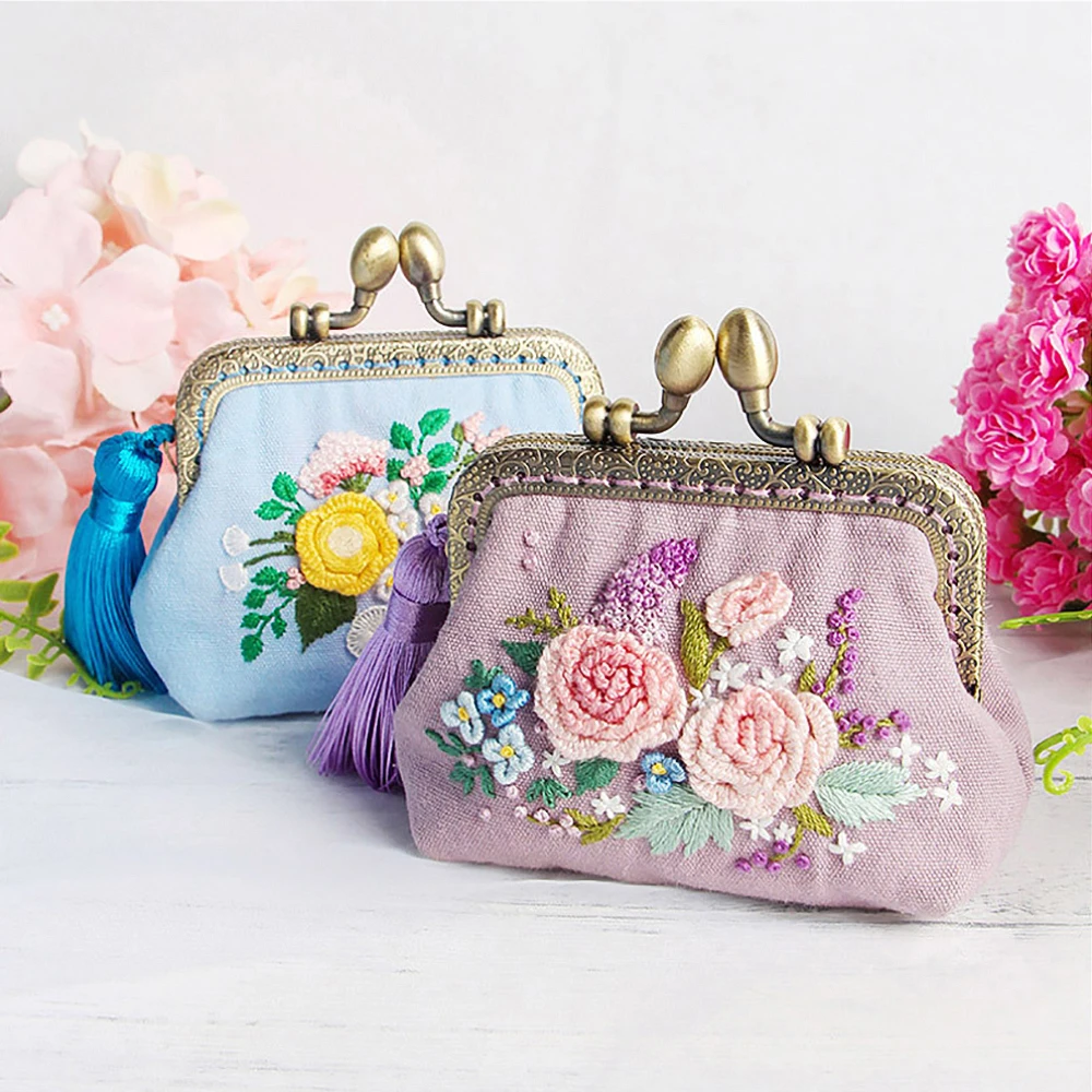 

Easy Floral Embroidery DIY Mini Wallet Kit Flower Cross Stitch Coin Purse DIY Bag Kit for Beginner Needlework Sewing Craft Gifts