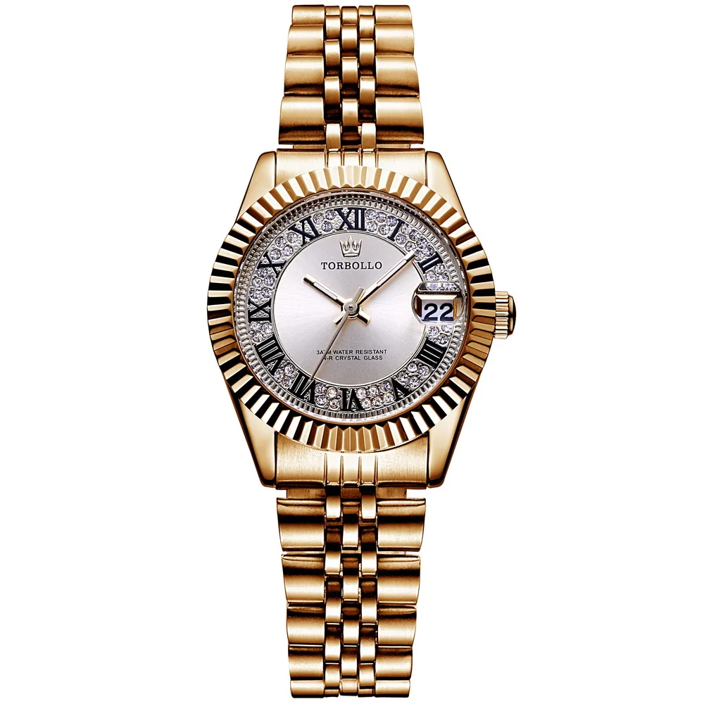 Высокое качество модные женские часы водонепроницаемые стальные ремни роскошные Кристальные золотые зеленые женские часы с коробкой - Цвет: gold white
