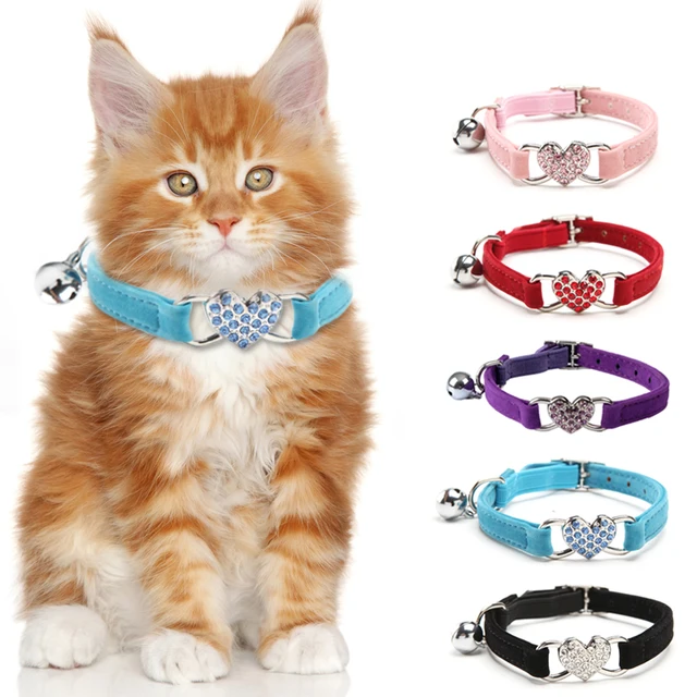 Lovely Heart and Bell Cat Collar Dog Safety Velvet Elastic Adjustable Cats Collars with Bell and