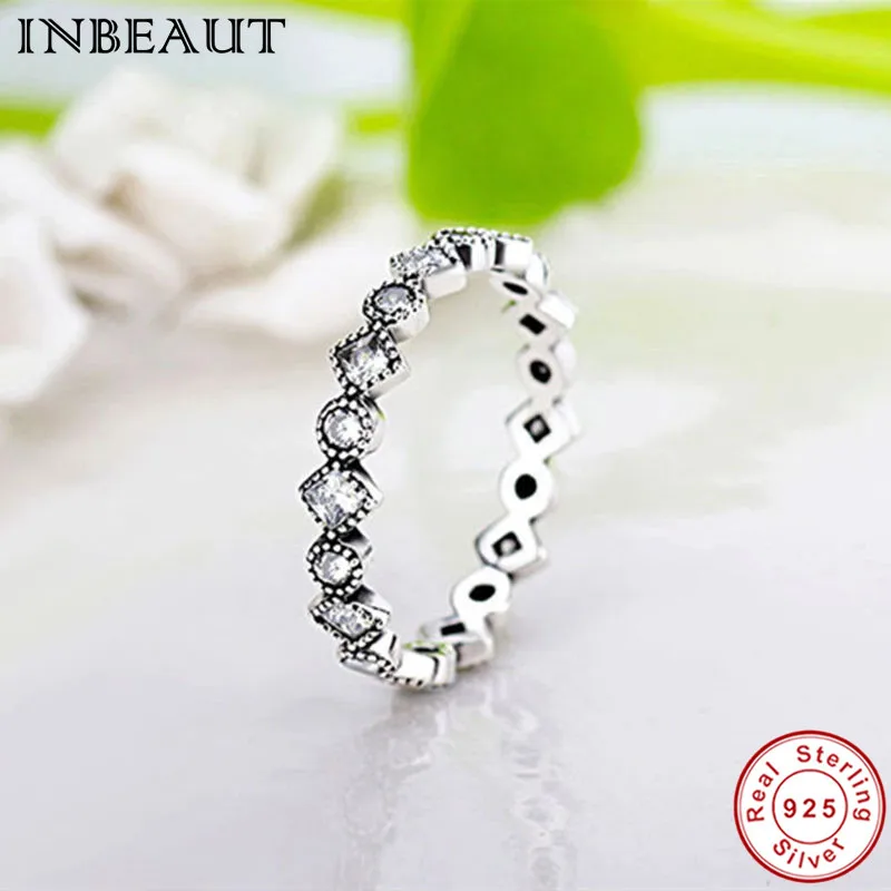 INBEAUT Antique Real 925 Sterling Silver Sparkling Cubic Zirconia Stackable Ring Women Lovely Cute Princess Wedding Rings Girls