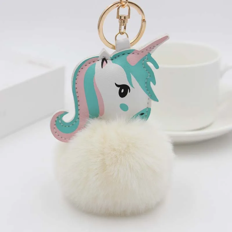 Pompom Unicorn Keychain Rabbit Fur Ball Horse Key chain porte clef Bag Car Keyring llavero mujer chaveiros For Women - Цвет: color