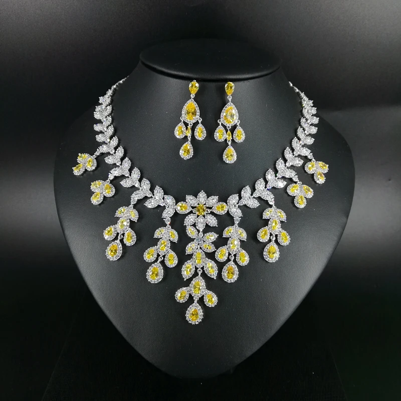 

2019 New fashion Luxury yellow leaves CZ zircon necklace earring wedding bride banquet dressing dinner jewelry set,free shipping