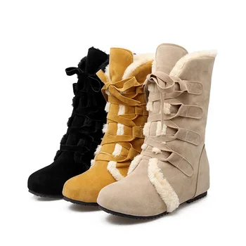 

GOXPACER Winter Women Boots Snow Boots Round Toe Bow Tie Mid Heel Wedges Warm Thermal Female Fashion Platform Lacing Plus Size