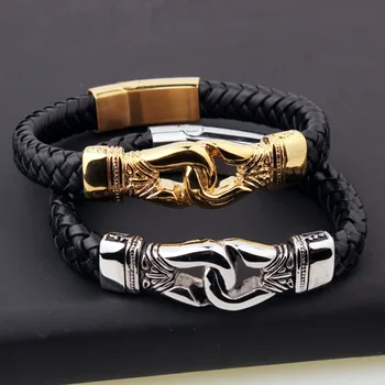 

Promotion Fashion Men's Jewelry Hip Hop Black Genuine Leather Stainless Steel Magnetic Clasp Bracelet 8.66"