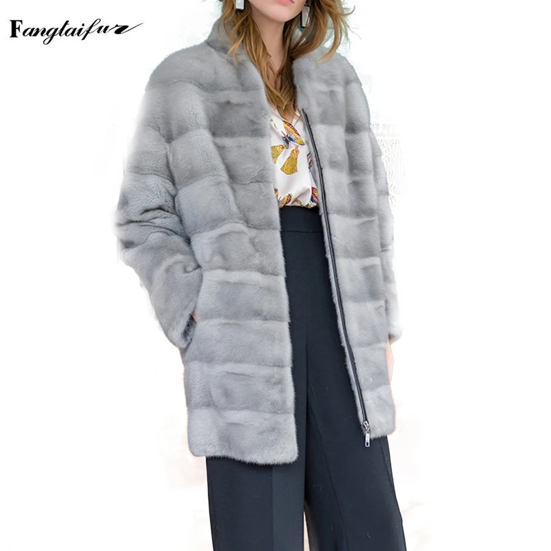 

Fang Tai Fur 2019 Import Copenhagen Velvet Mink Fur Coat V-Neck Medium Mink Coat Sapphire Original Color Real Mink Fur Coats