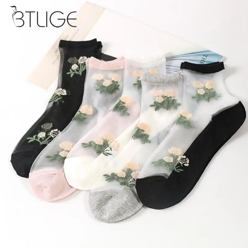 

Summer Crystal Glass Silk Women Socks Flower Sheer Ultrathin Lace Transparent Socks Rib Cuff Sock For Female Girl