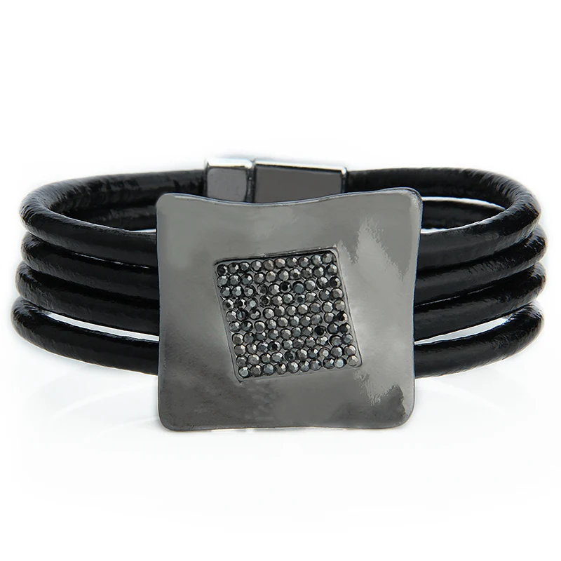 ZG Многослойные браслеты с драгоценным камнем для женщин, хит, подарок, магнитная пряжка, кожаные стразы, браслеты - Окраска металла: black
