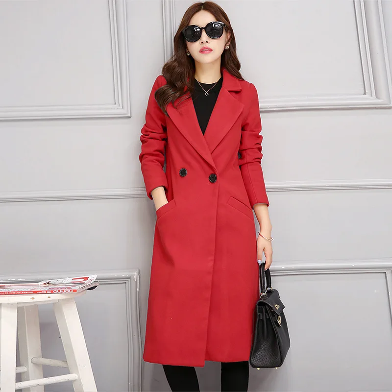 Unique Rouge De Élégant Cachemire Laine Slim Solide En Poitrine Gris Et Bureau rouge Long Veste Poches Femmes Manteau lTu51Fc3KJ