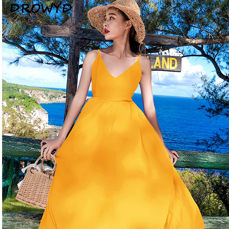 

Summer Sexy Elegant Halter Strap Dress Vestidos Fashion Boho Loose Casual V-neck Bandage Beach Holiday Yellow Midi Party Dress